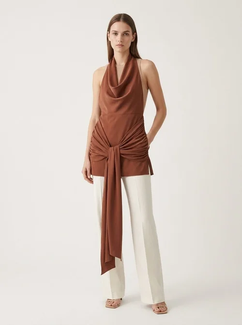 Brown Halter Cowl Neck Ruched Mini Dress with Sash