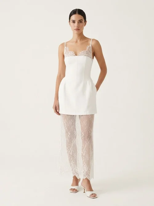 Lace Trim Corset Mini Dress with Sheer Maxi Skirt Set