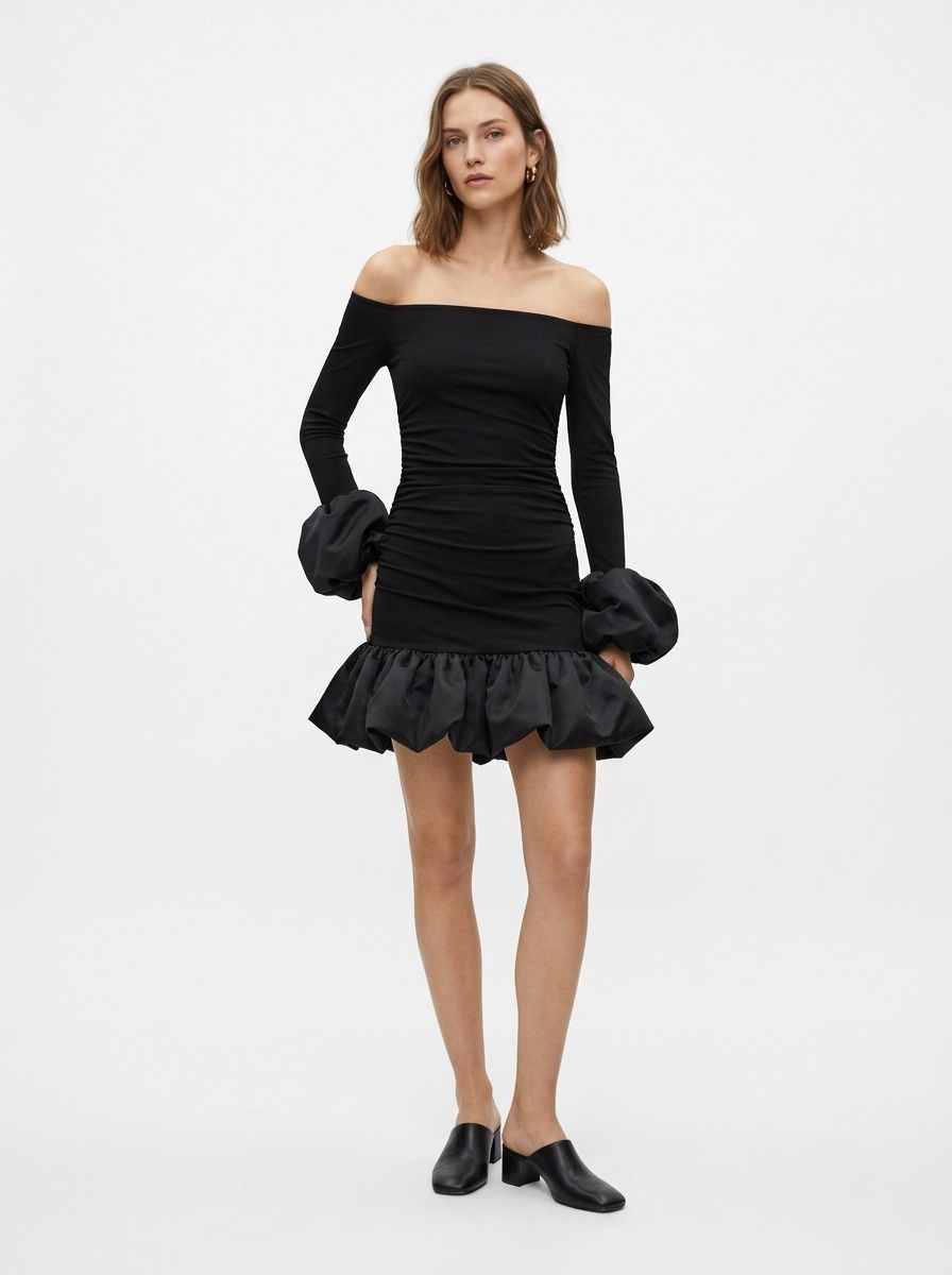 Off-Shoulder Ruched Mini Dress with Bubble Hem