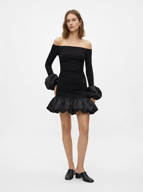 Off-Shoulder Ruched Mini Dress with Bubble Hem