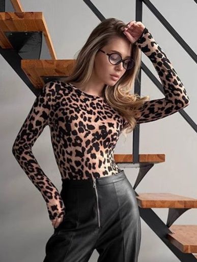 Body de manga larga con estampado de leopardo para mujer