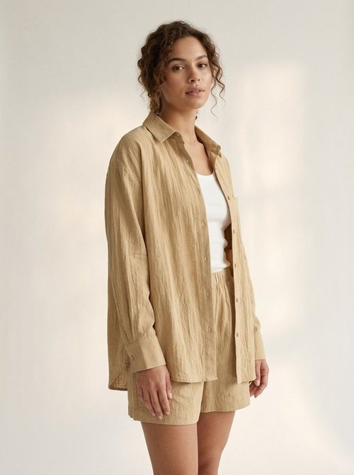 Conjunto de camisa y pantalones cortos extragrandes de color caqui - Corte relajado