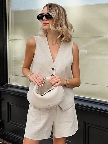 Conjunto de chaleco y shorts de mezcla de lino - Elegante conjunto de dos piezas para el verano