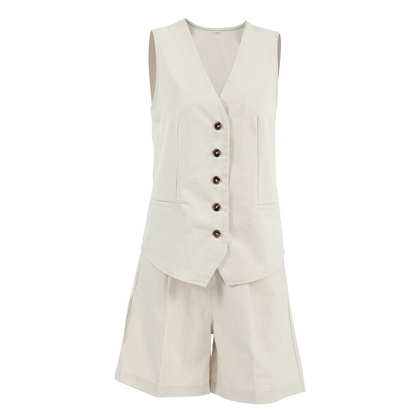 Conjunto de chaleco y shorts de mezcla de lino - Elegante conjunto de dos piezas para el verano