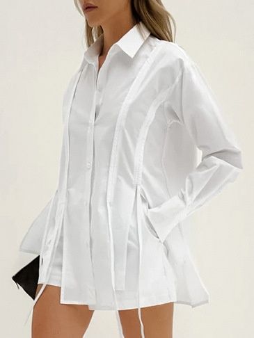 Camisa blanca de manga larga con botones y detalle de lazo para mujer