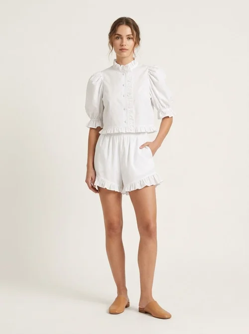 White Ruffle Puff Sleeve Top and Shorts Two-Piece Set
