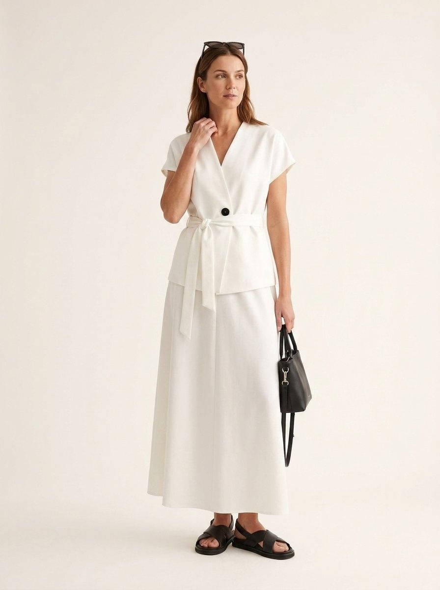 Ensemble élégant haut cache-cœur blanc et jupe maxi