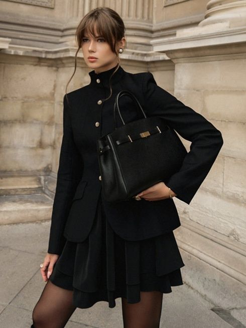 Conjunto de blazer peplum con cuello mandarín negro y minifalda