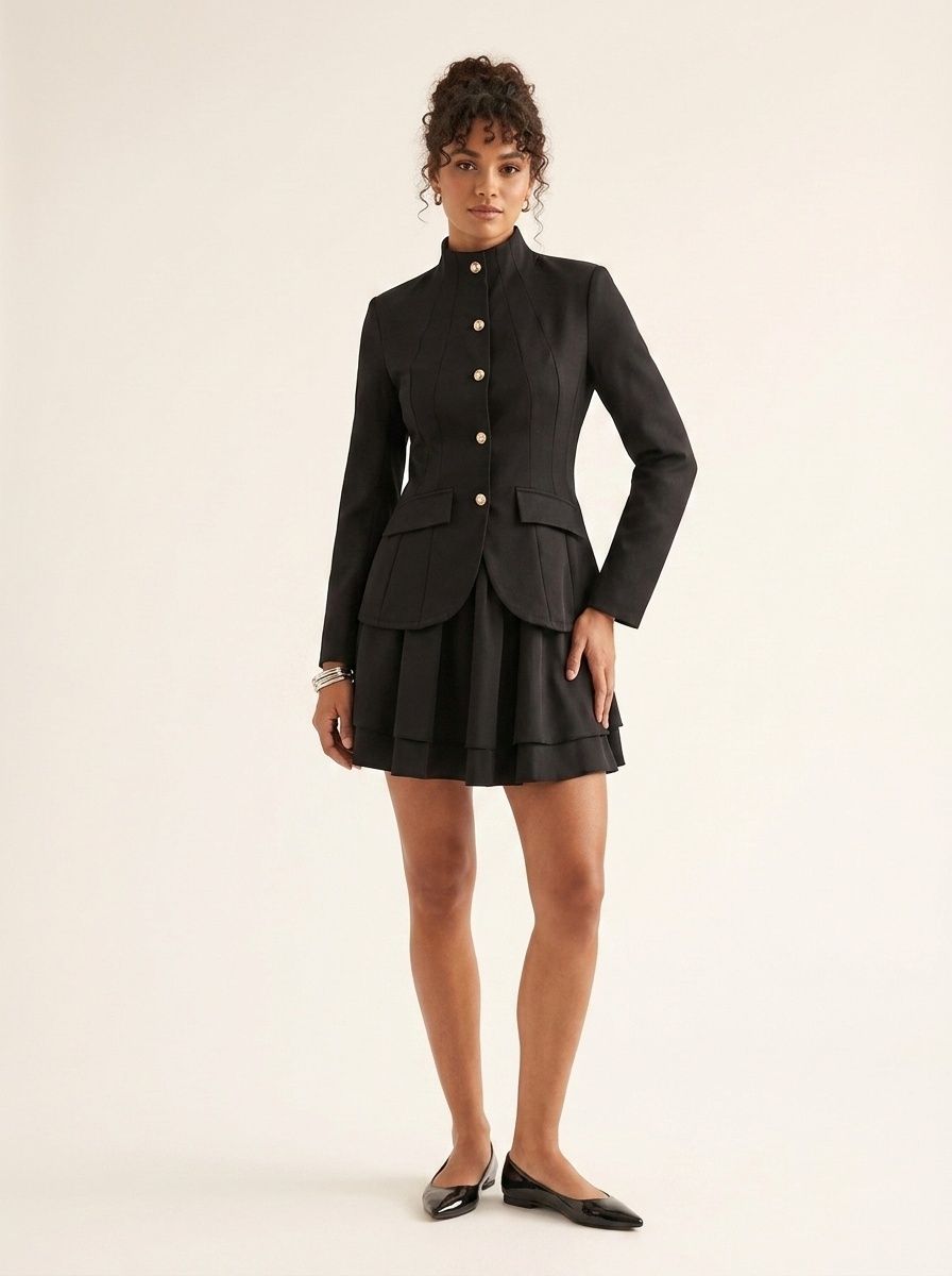 Ensemble blazer péplum à col mandarin noir et mini-jupe