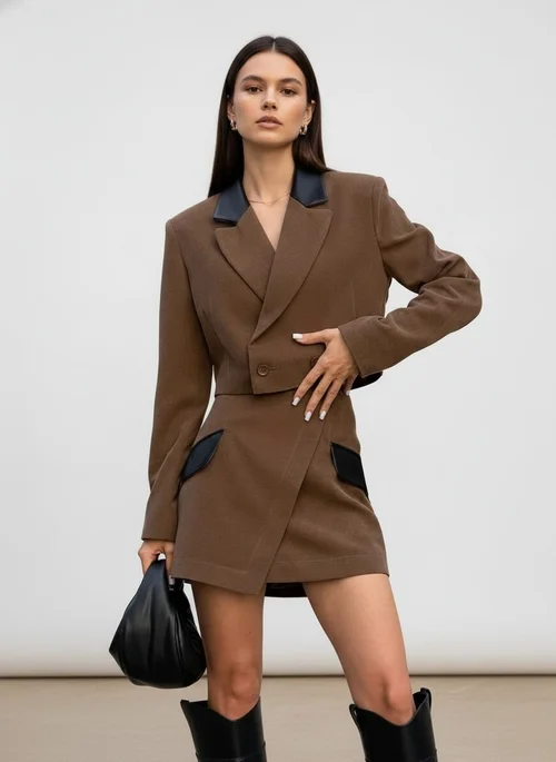 Completo composto da blazer corto e minigonna marrone con finiture in similpelle