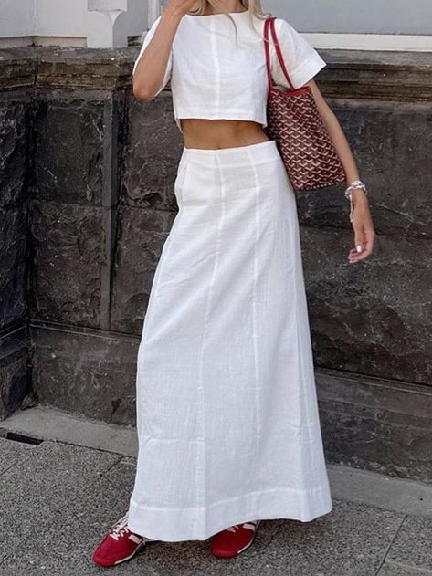 Conjunto elegante de top corto y falda larga de mezcla de lino blanco