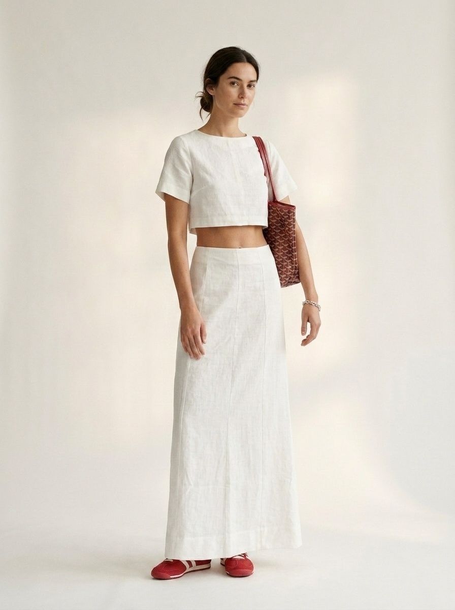 Ensemble crop top et jupe maxi chic en lin blanc mélangé