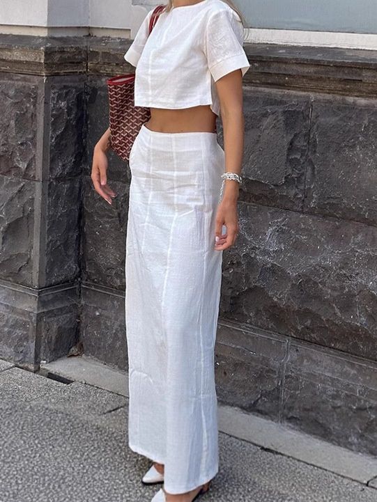 Conjunto elegante de top corto y falda larga de mezcla de lino blanco