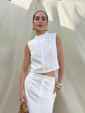 Conjunto de top corto y falda larga de mezcla de lino blanco