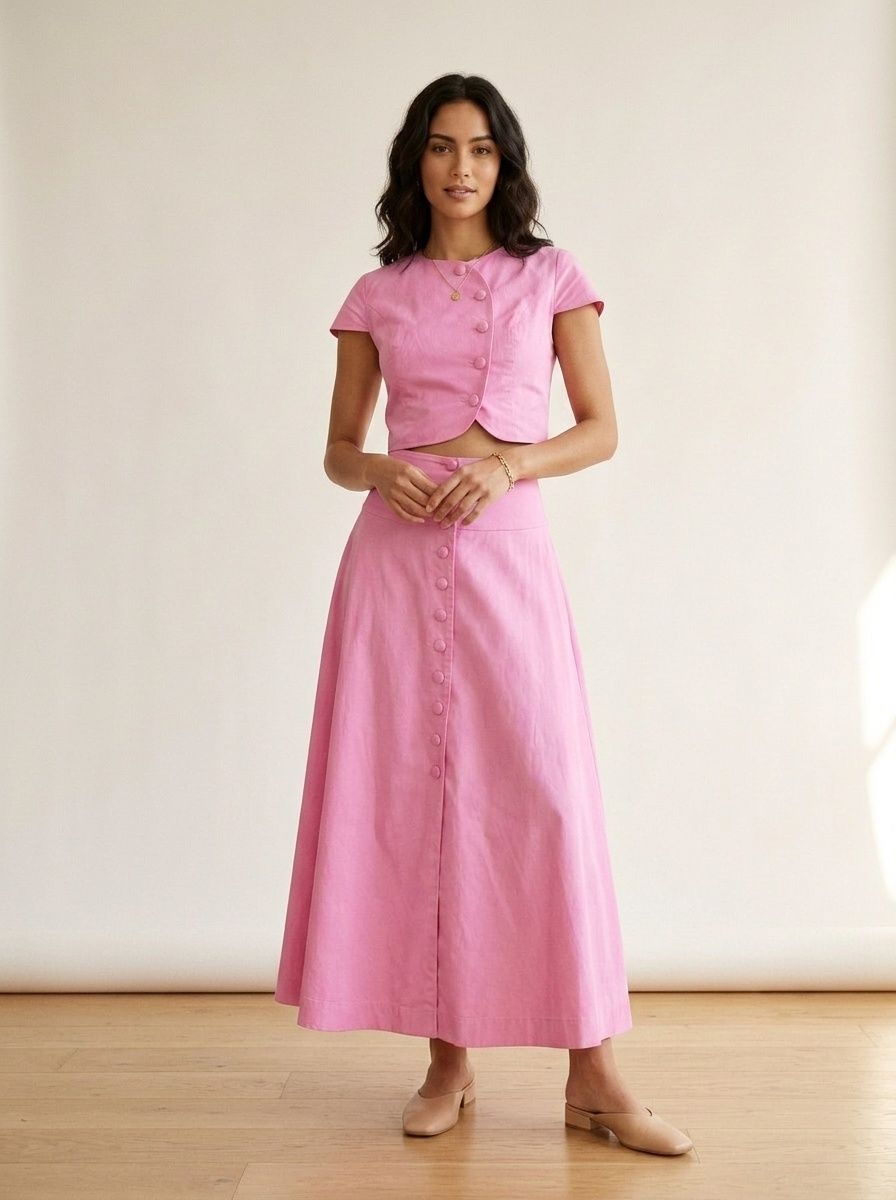 Ensemble deux pièces rose composé d'un crop top boutonné sur le devant et d'une jupe longue