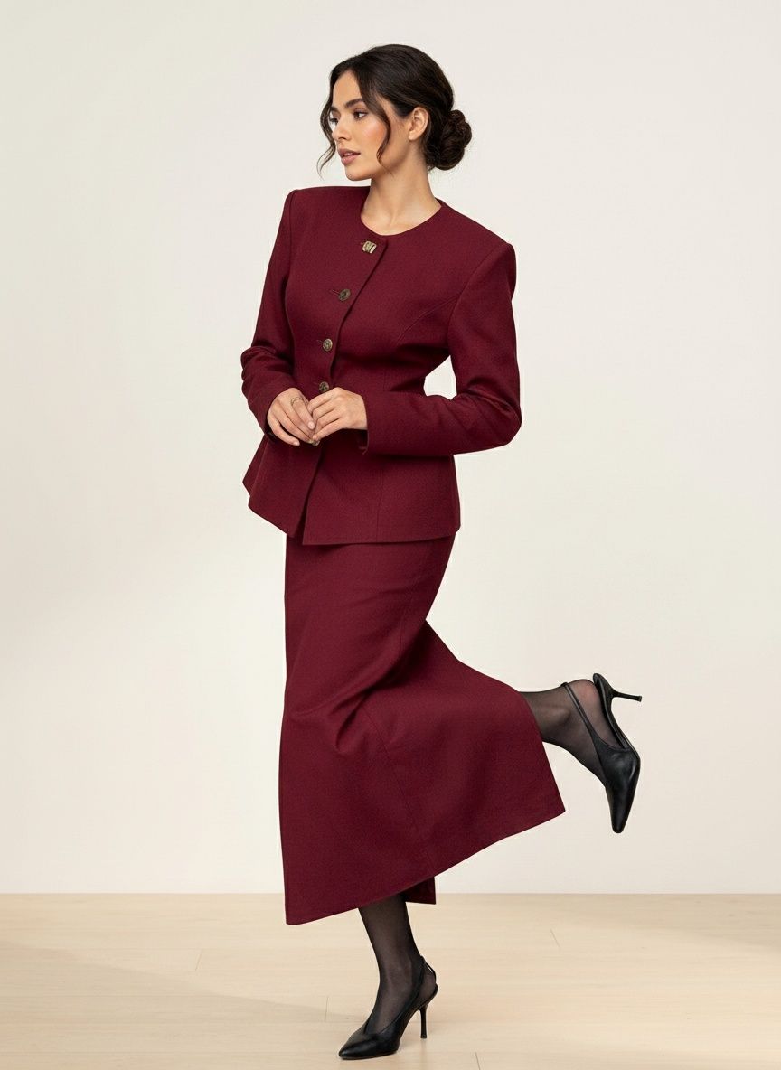 Ensemble tailleur jupe péplum bordeaux vintage pour femme