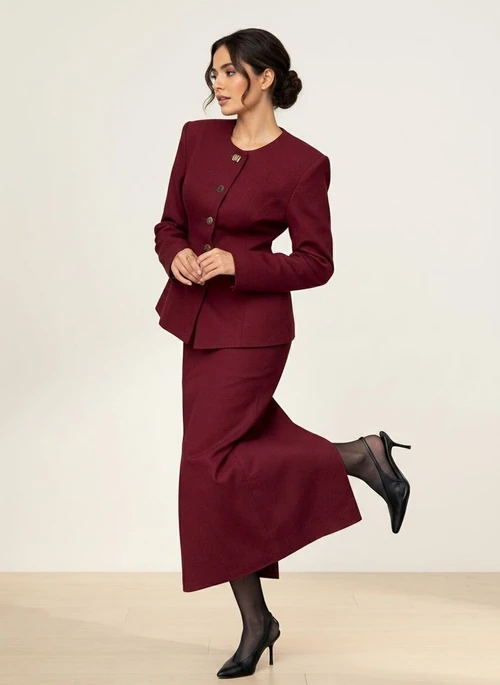 Ensemble tailleur jupe péplum bordeaux vintage pour femme