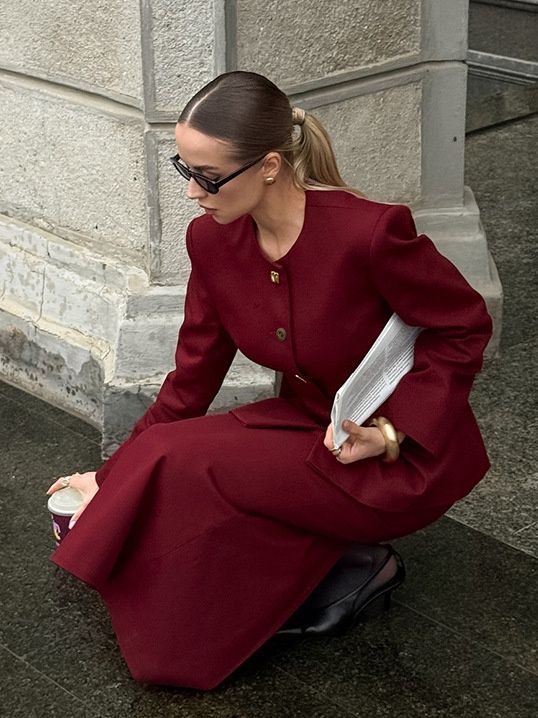 Conjunto de traje de falda peplum vintage color burdeos para mujer