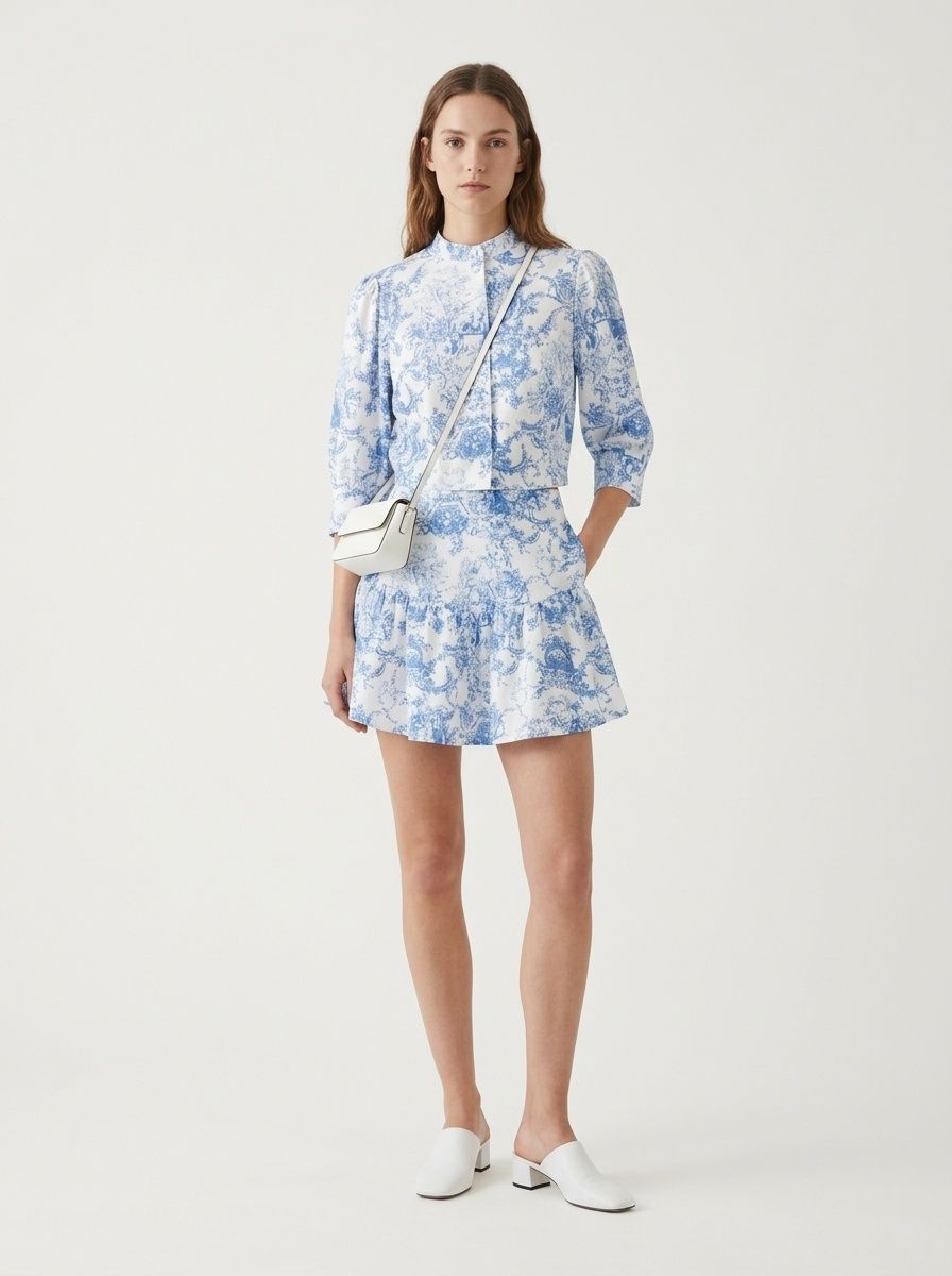 Completo composto da blusa corta e minigonna con stampa toile blu
