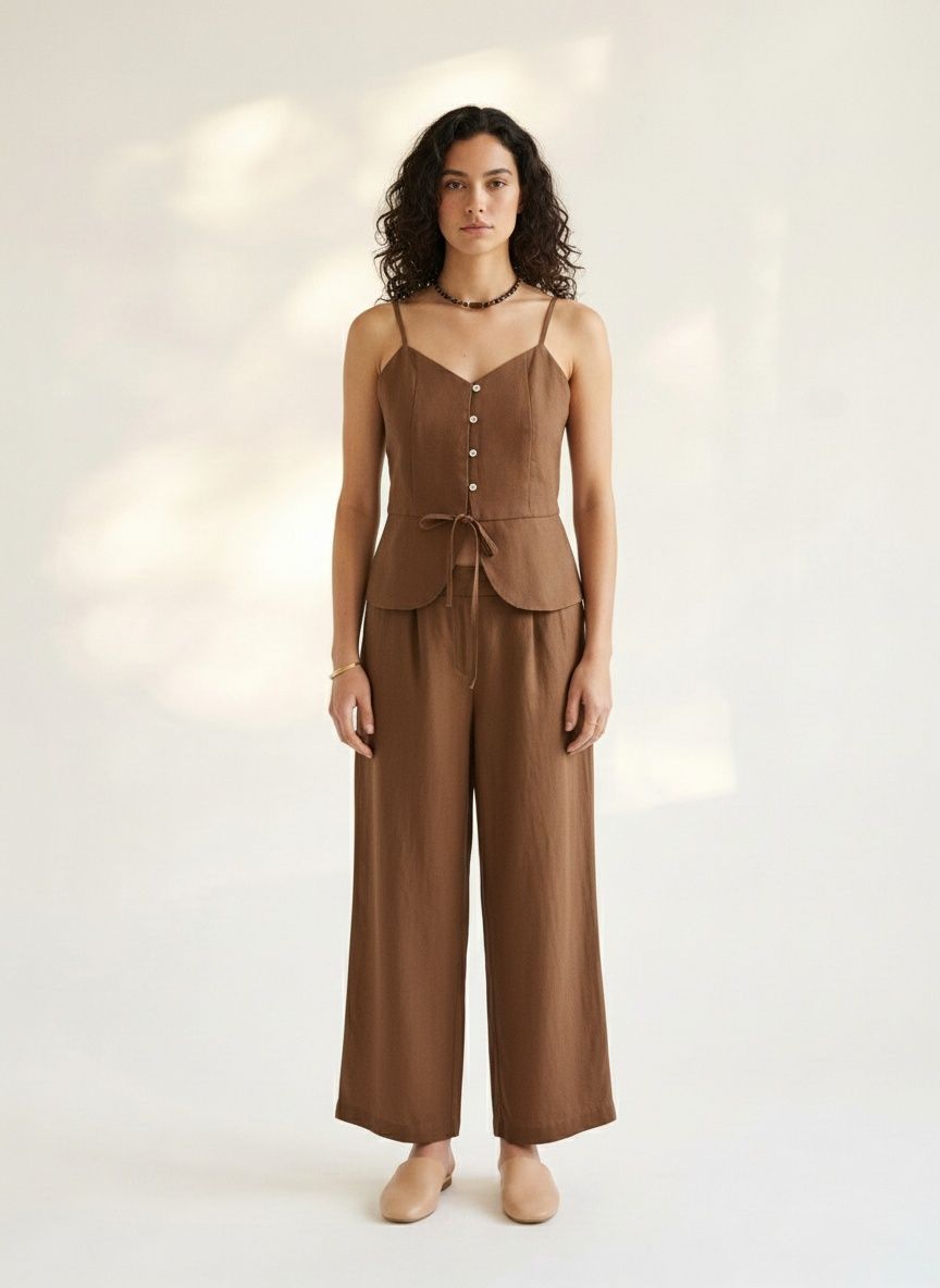 Conjunto de camisola peplum y pantalones de pierna ancha de mezcla de lino