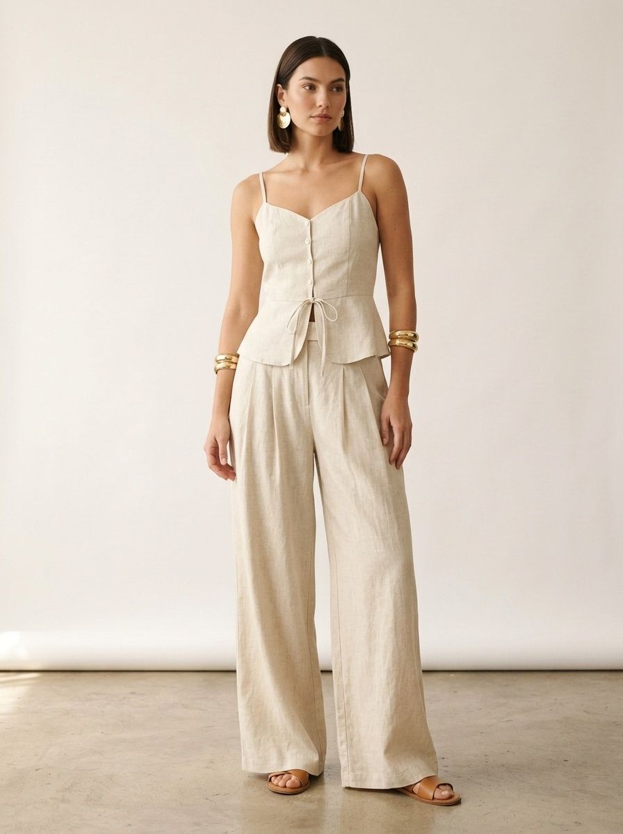 Ensemble débardeur péplum et pantalon large en lin mélangé