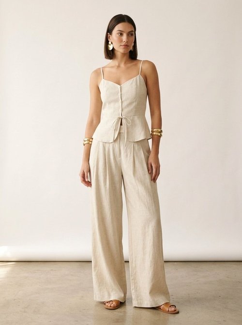 Linen Blend Peplum Cami & Wide Leg Pants Set