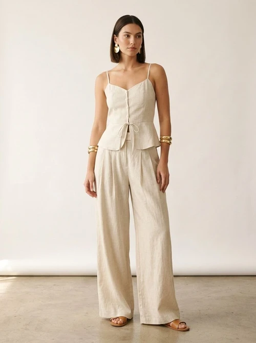 Ensemble débardeur péplum et pantalon large en lin mélangé