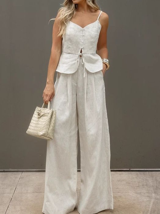 Conjunto de camisola peplum y pantalones de pierna ancha de mezcla de lino