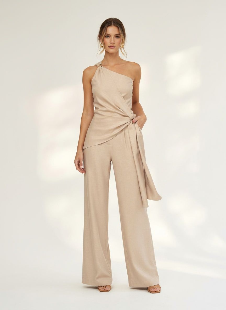 Combinaison beige chic asymétrique à jambes larges