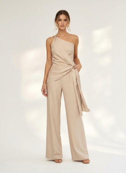 Chic Beige One Shoulder Wide Leg Jumpsuit