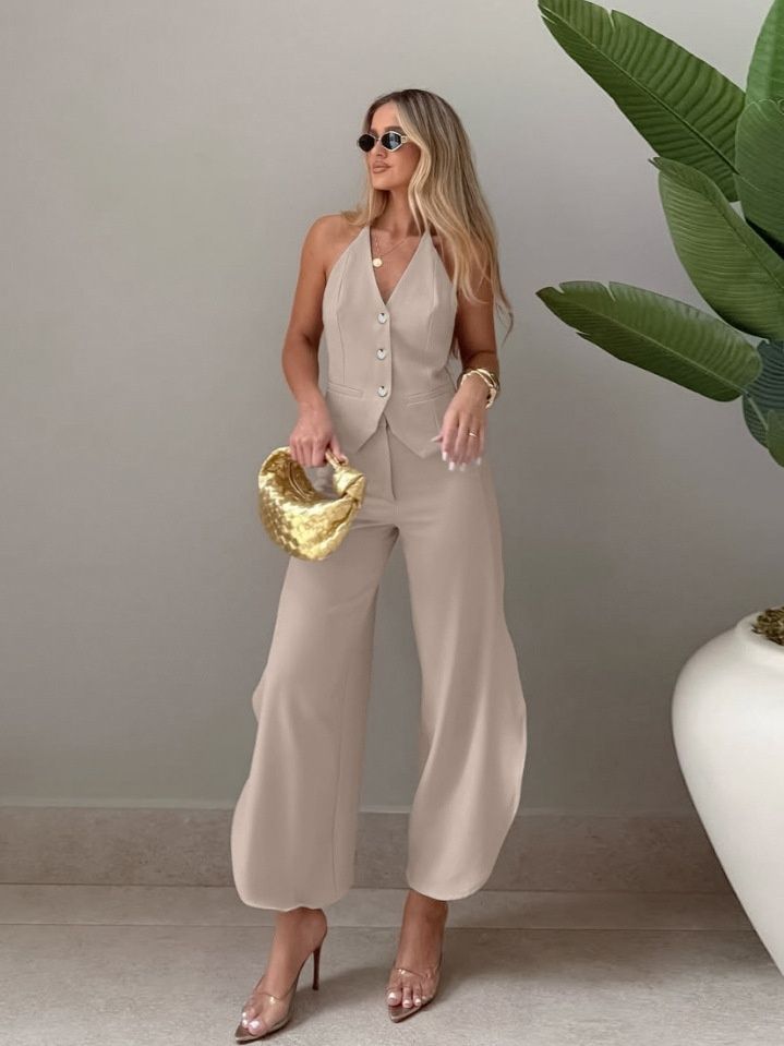 Elegante conjunto de chaleco halter y pantalones de pierna ancha - 2 piezas