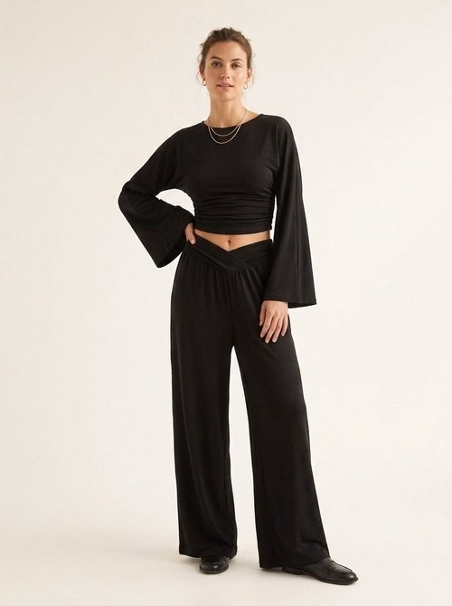 Elegant Wide Sleeve Crop Top & V-Waist Wide Leg Pants Set