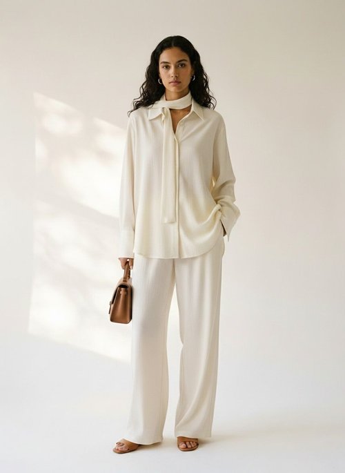 Off-White Ribbed Shirt & Wide Leg Pants Set