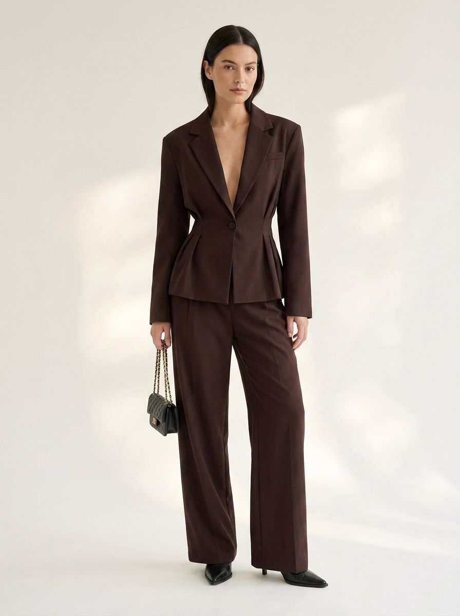 Ensemble blazer péplum marron chocolat et pantalon large pour femme