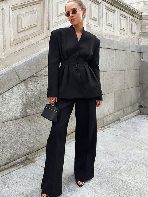 Chic Black Peplum Blazer & Wide Leg Pant Suit Set