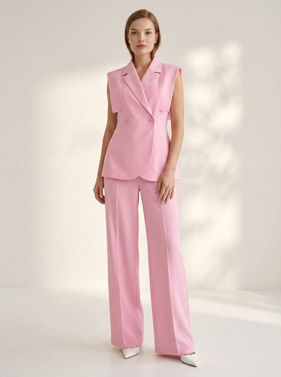 Ensemble blazer sans manches rose et pantalon large