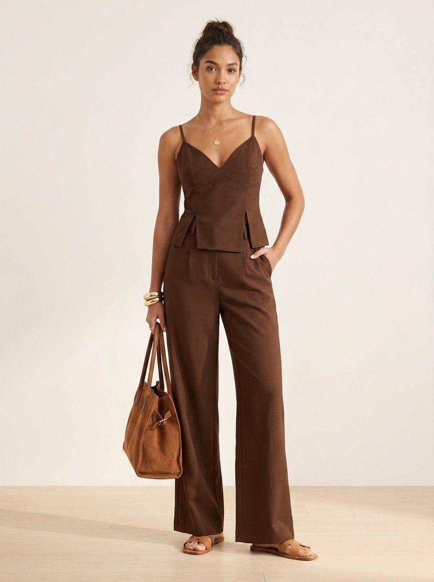 Ensemble élégant marron chocolat composé d'un débardeur et d'un pantalon large