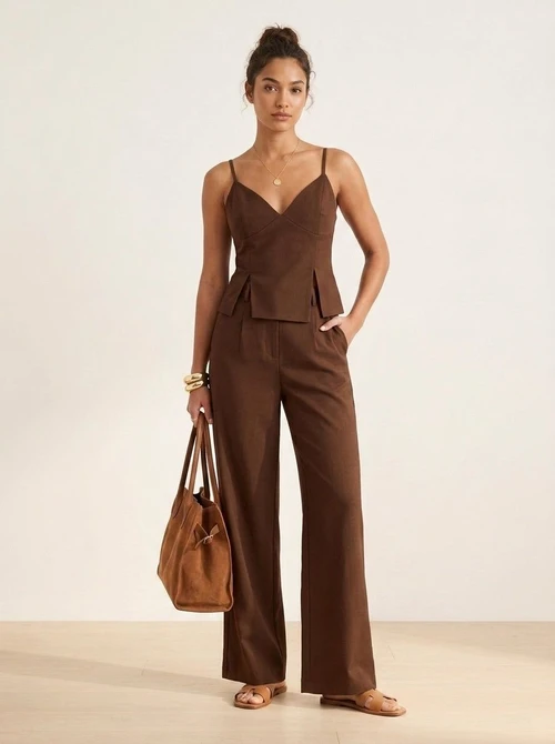 Ensemble élégant marron chocolat composé d'un débardeur et d'un pantalon large