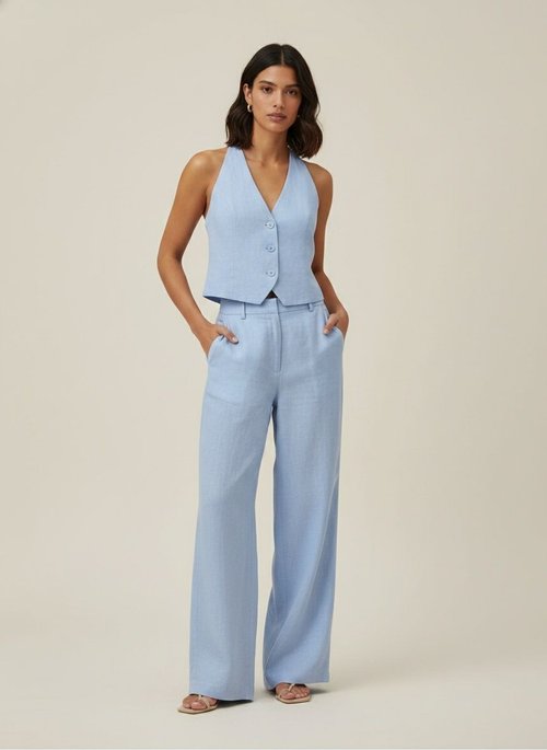 Light Blue Halter Vest & Wide Leg Pants Set
