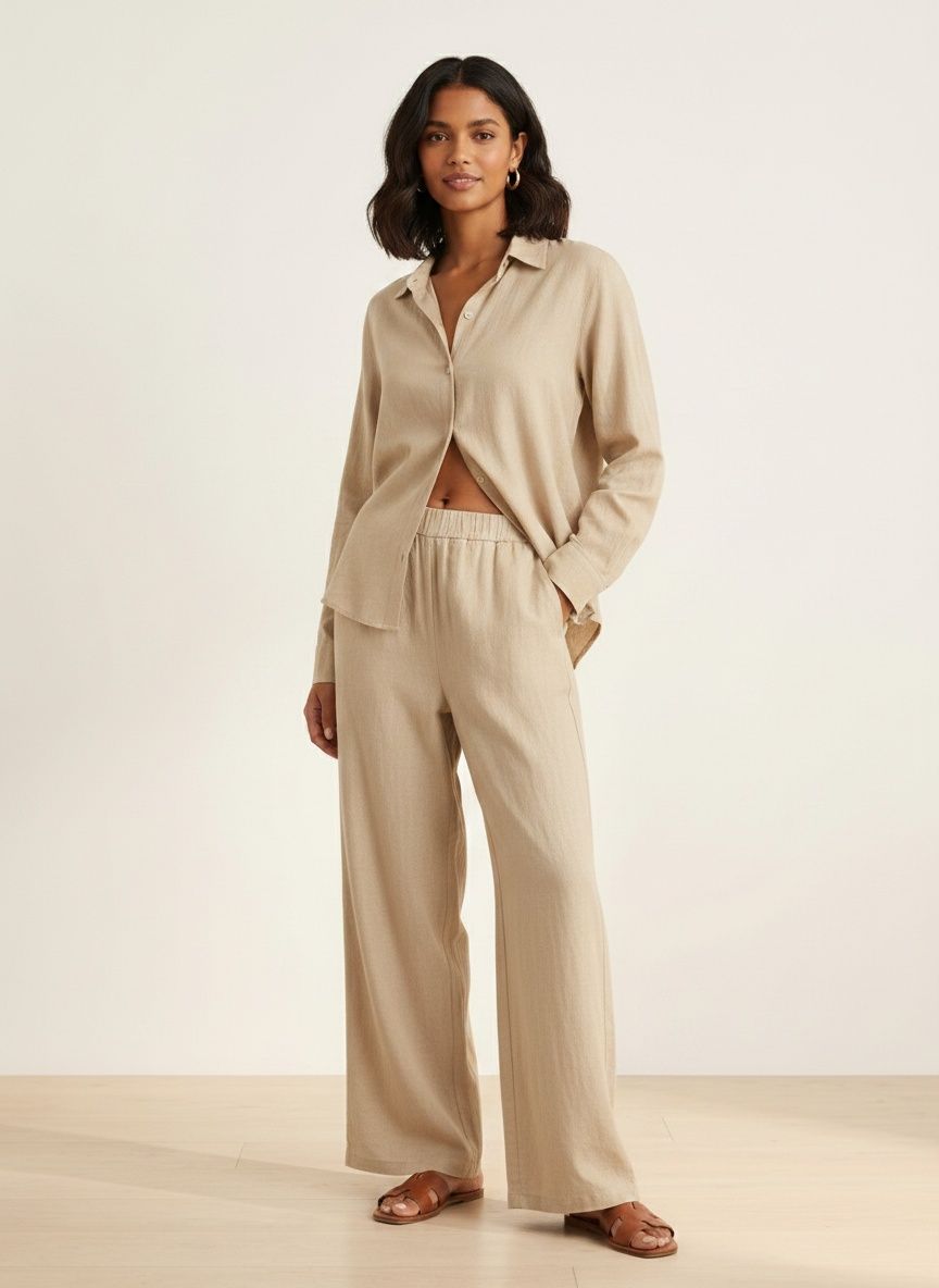 Ensemble chemise et pantalon large en lin mélangé kaki pour femme