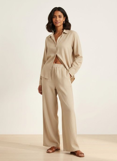 Women's Khaki Linen Blend Shirt & Wide Leg Pants Set