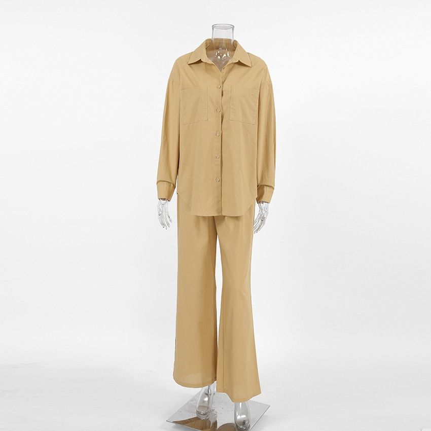 Conjunto de camisa y pantalón de pierna ancha de lino color caqui para mujer