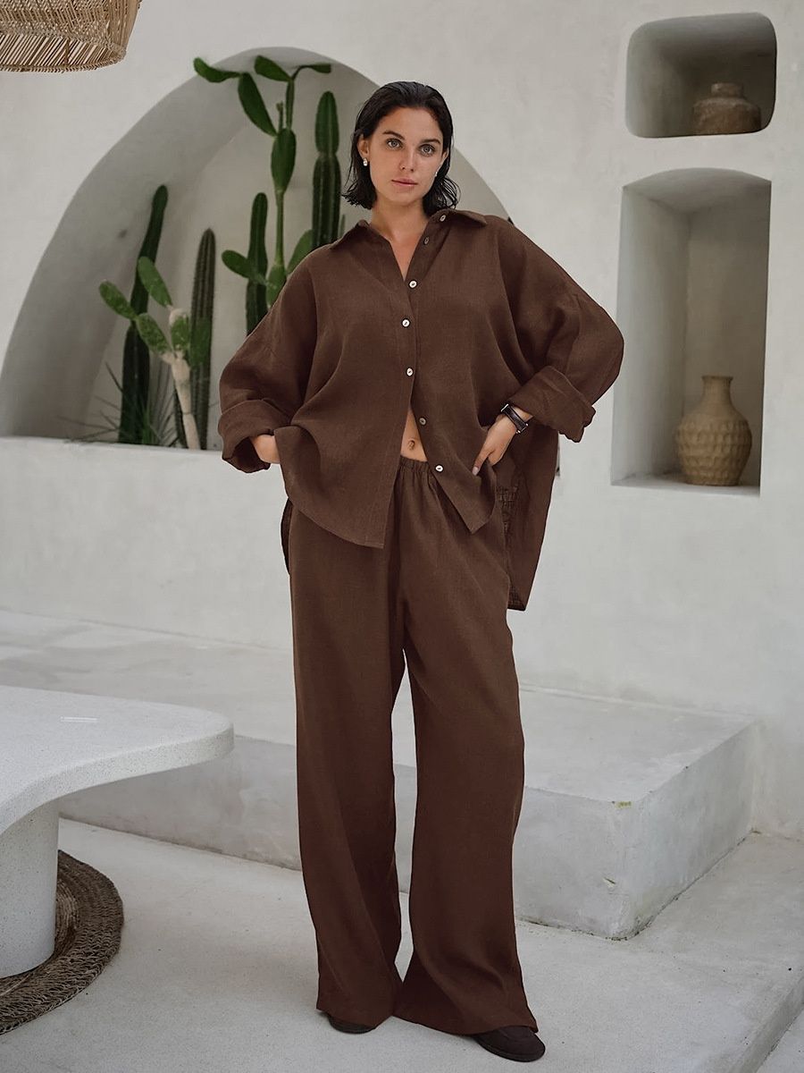 Conjunto de camisa de lino extragrande y pantalón de pierna ancha - Corte relajado
