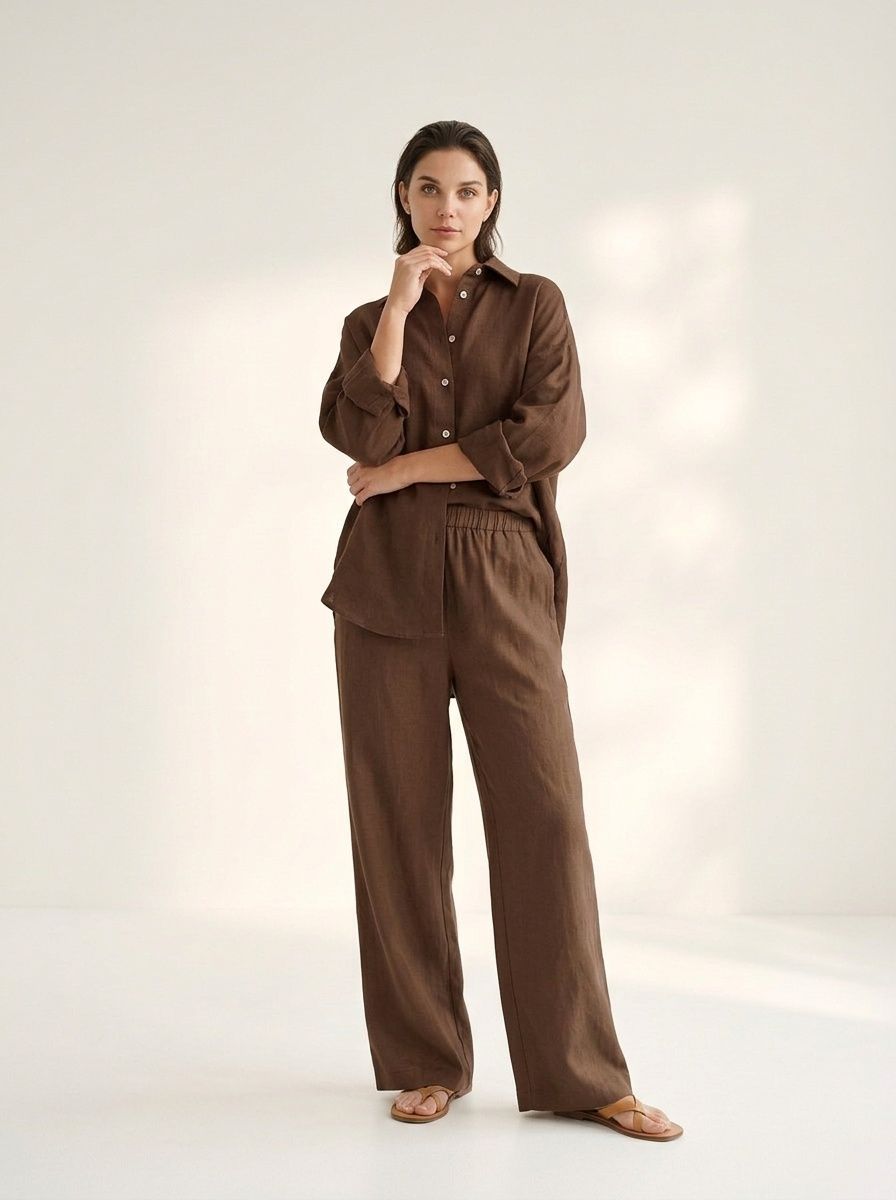 Ensemble chemise oversize en lin et pantalon large - Coupe décontractée
