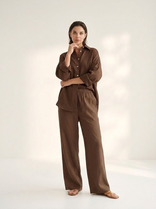 Oversized Linen Shirt & Wide Leg Pants Set - Relaxed Fit