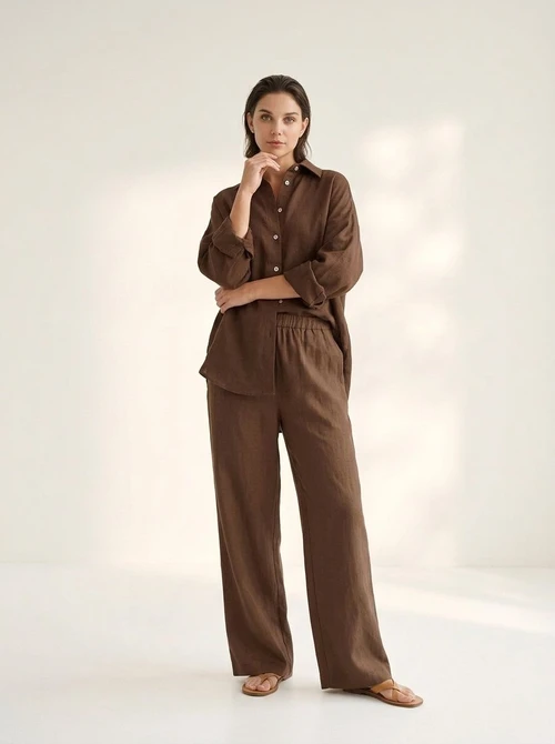 Ensemble chemise oversize en lin et pantalon large - Coupe décontractée