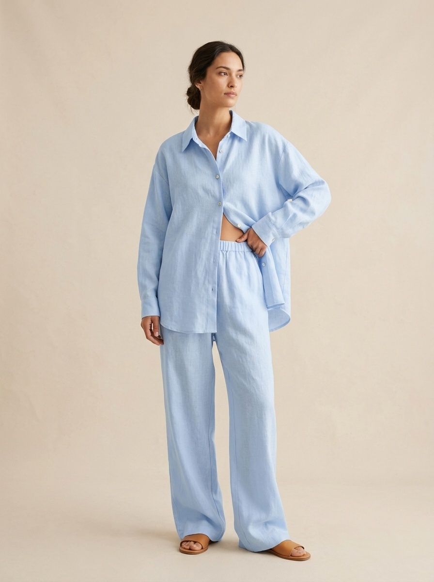 Conjunto de camisa de lino extragrande y pantalón de pierna ancha - Corte relajado