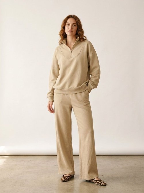 Oversized Quarter-Zip Sweatshirt & Wide Leg Pants Set