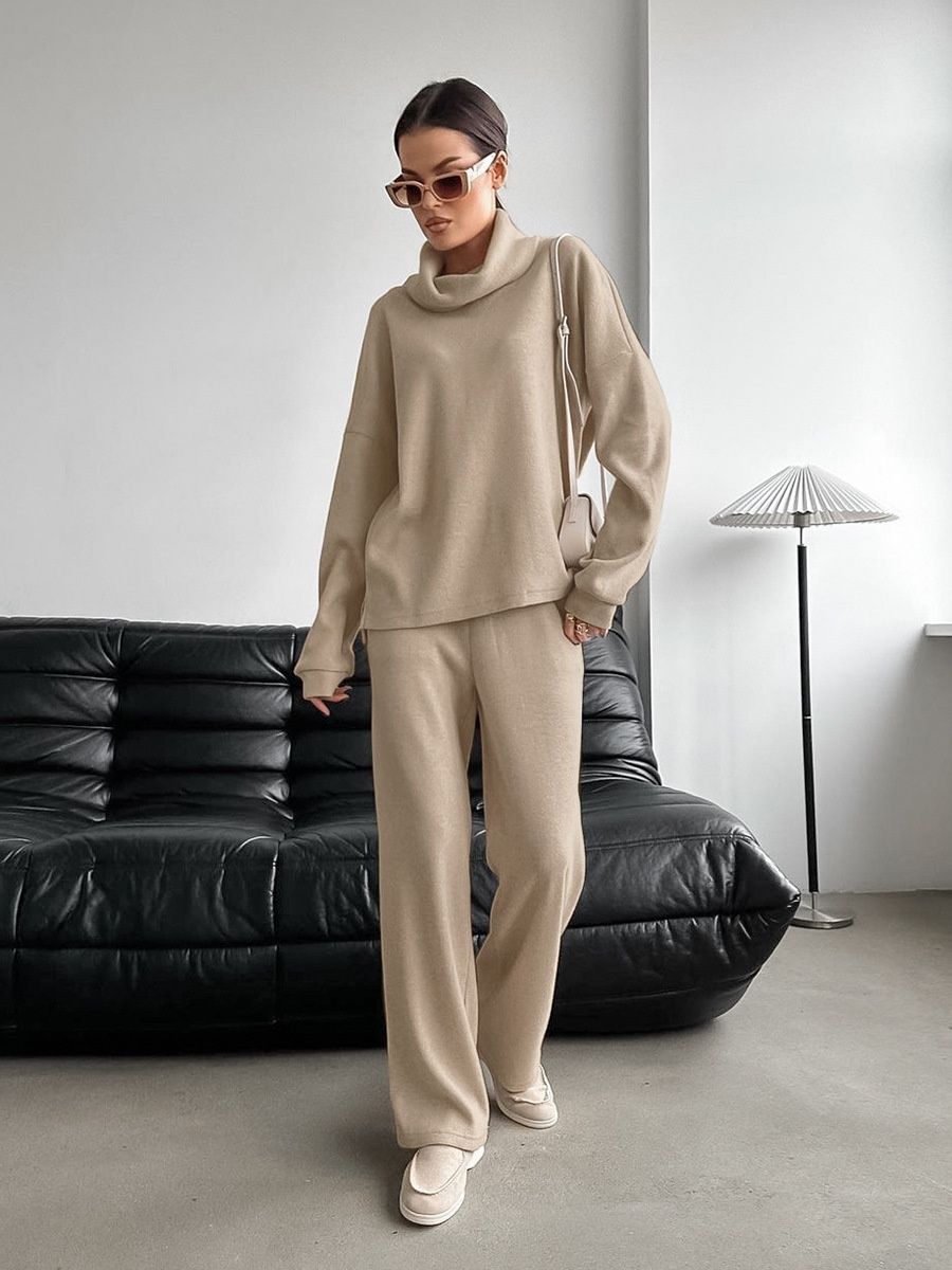 Conjunto de jersey de cuello alto de punto acogedor y pantalones de pierna ancha