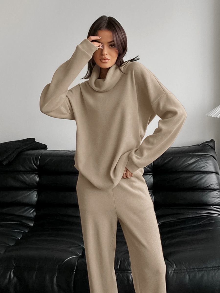 Conjunto de jersey de cuello alto de punto acogedor y pantalones de pierna ancha